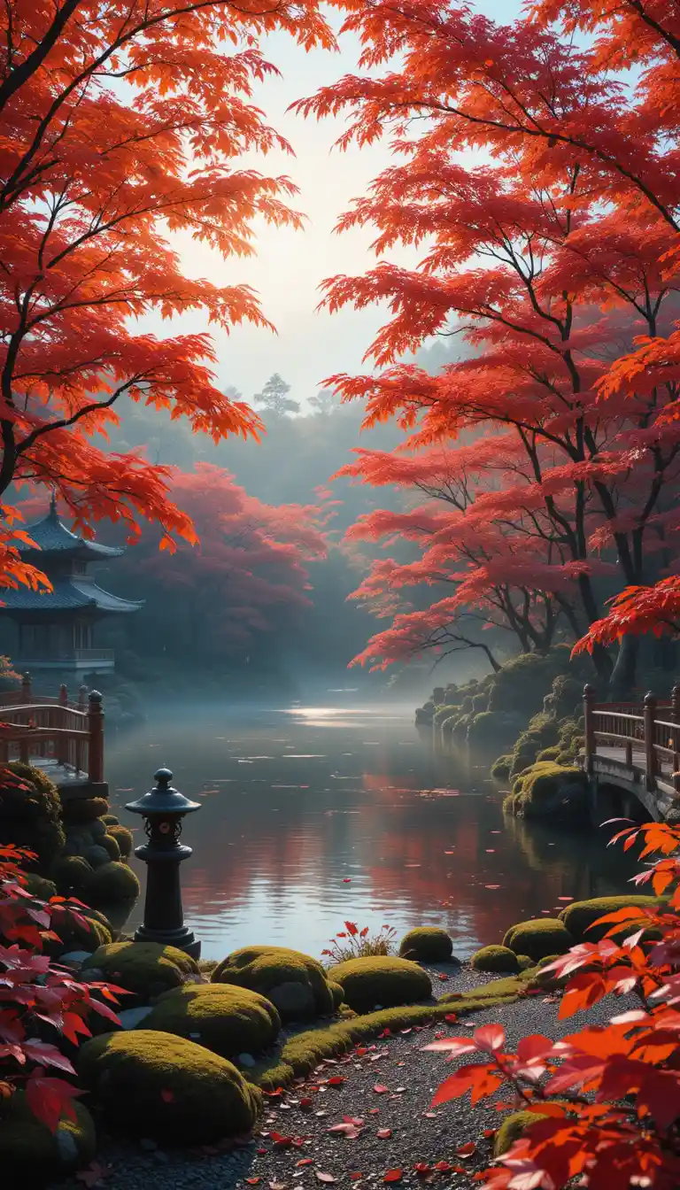 Tranquil Japanese garden with red maples and koi pond