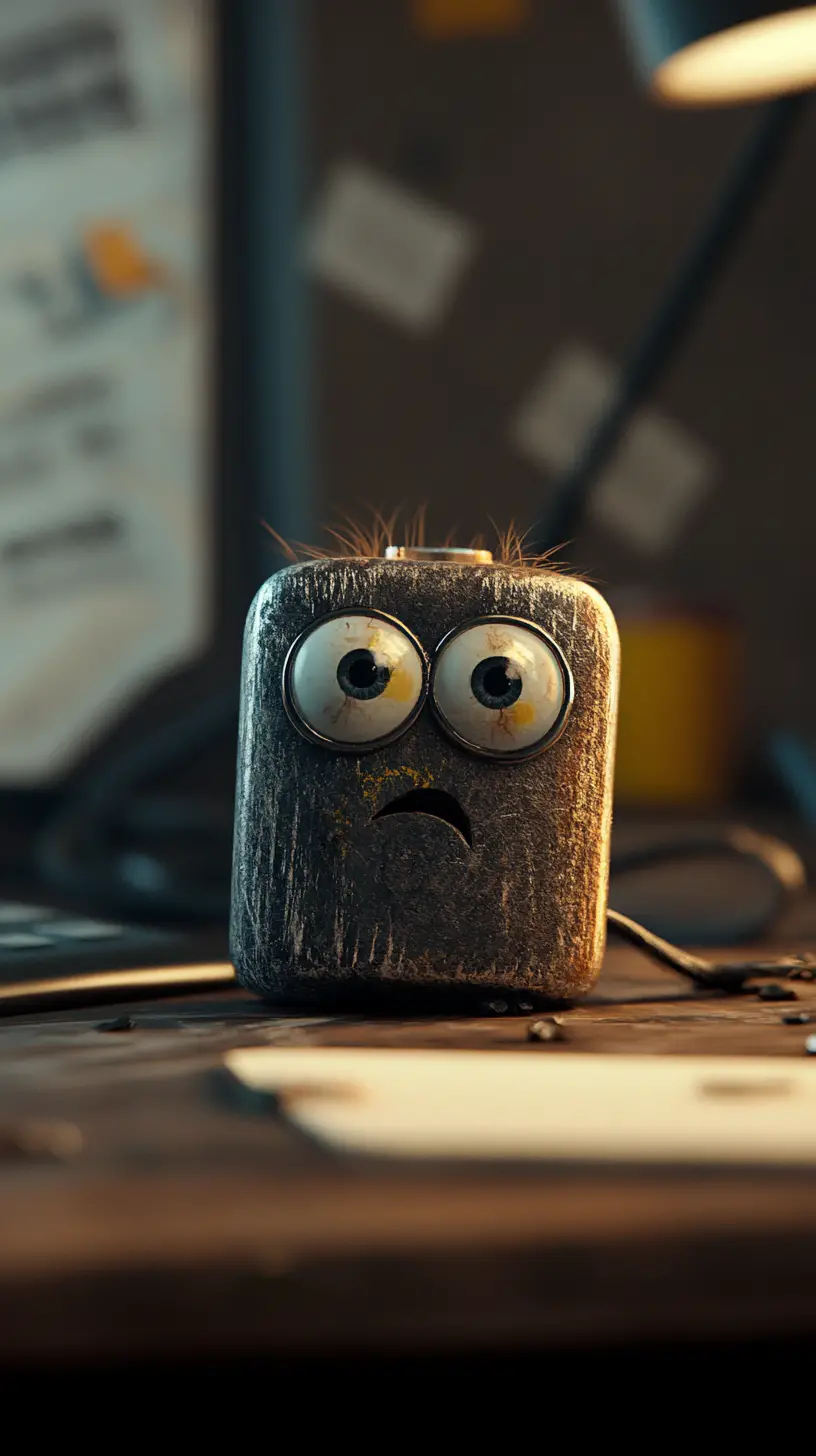 Tiny battery with tired eyes dragging across a desk