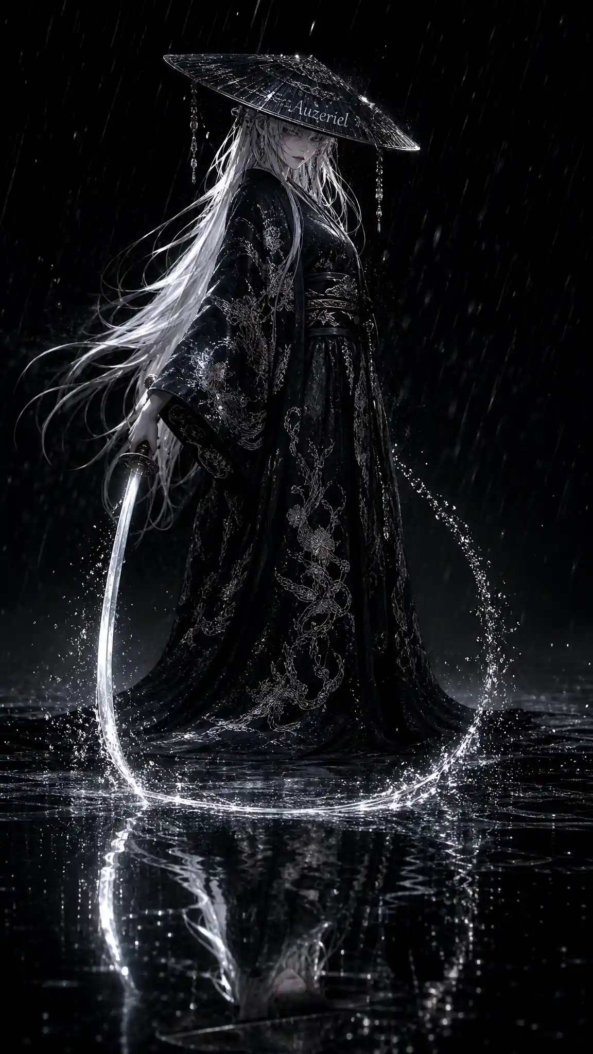 身著黑色和服的優雅女戰士立於雨中