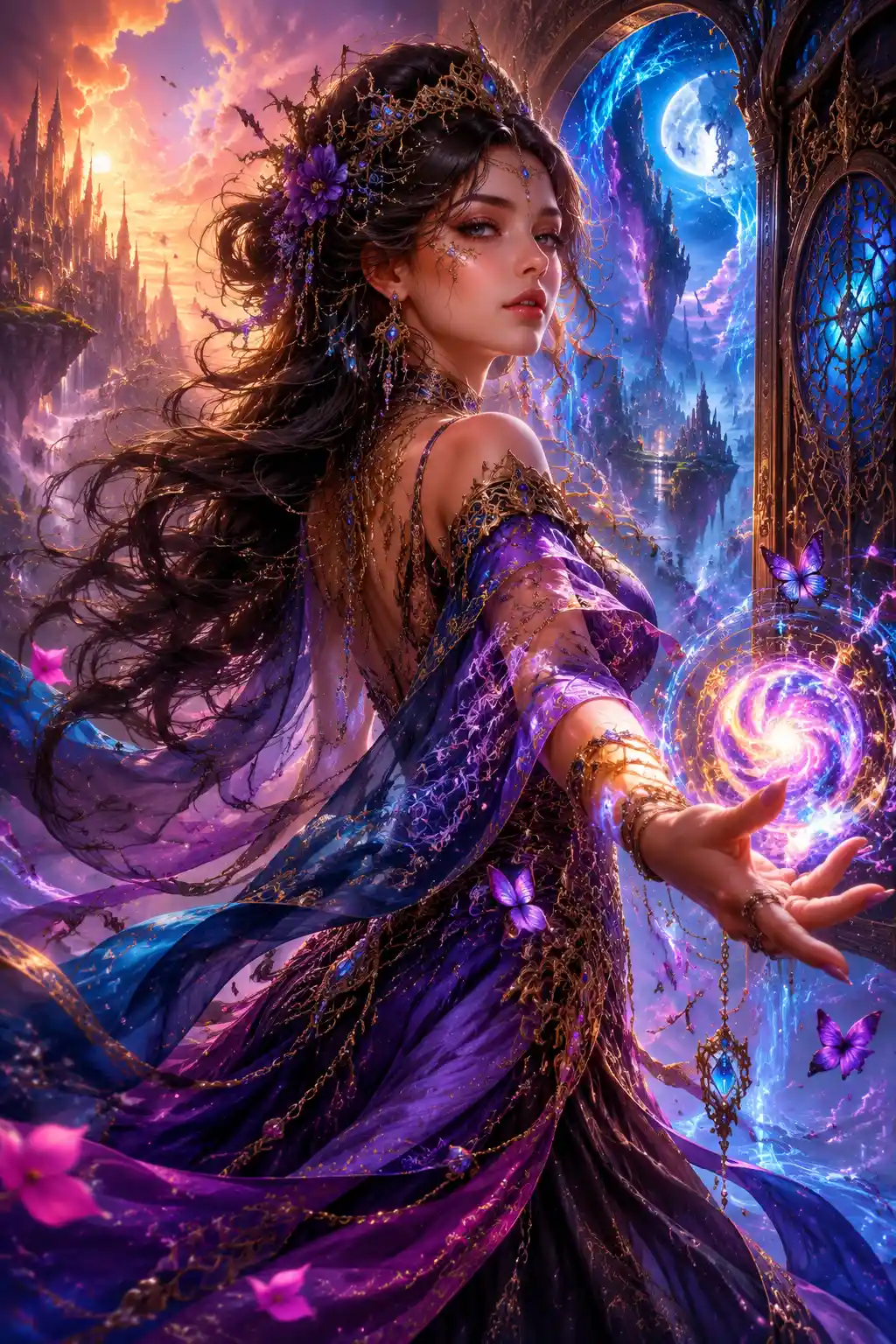 Mystical enchantress crossing into a luminous fantasy realm
