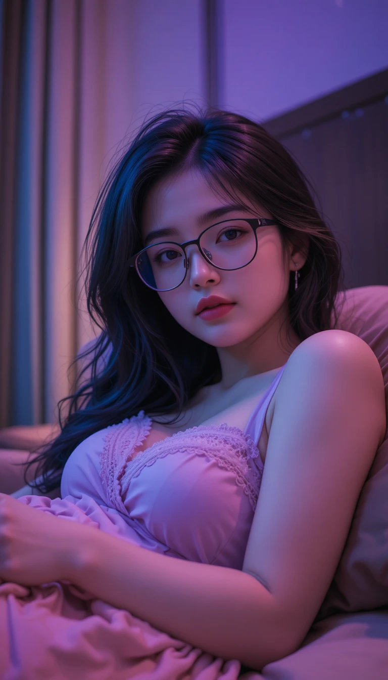 Young woman with glasses lying in softly lit bedroom