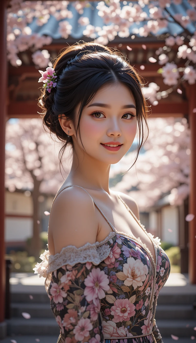Elegant Japanese woman smiling by a temple in spring