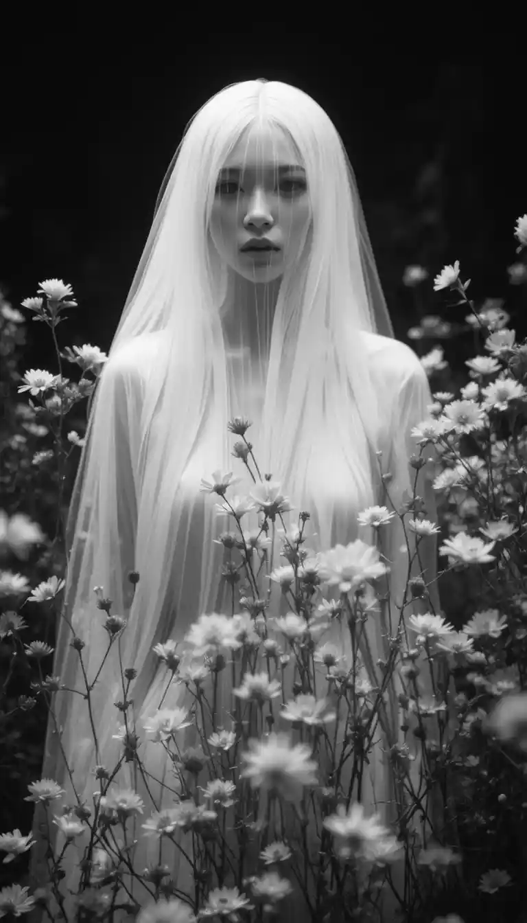 Blurred human figure among tall flowers in surreal light