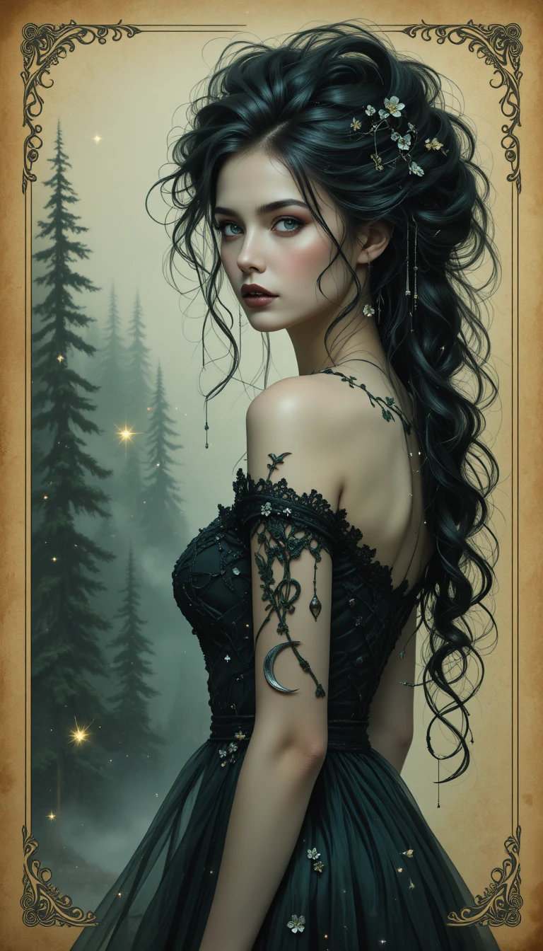 Gothic fantasy girl looking back with moonlit hair adornments