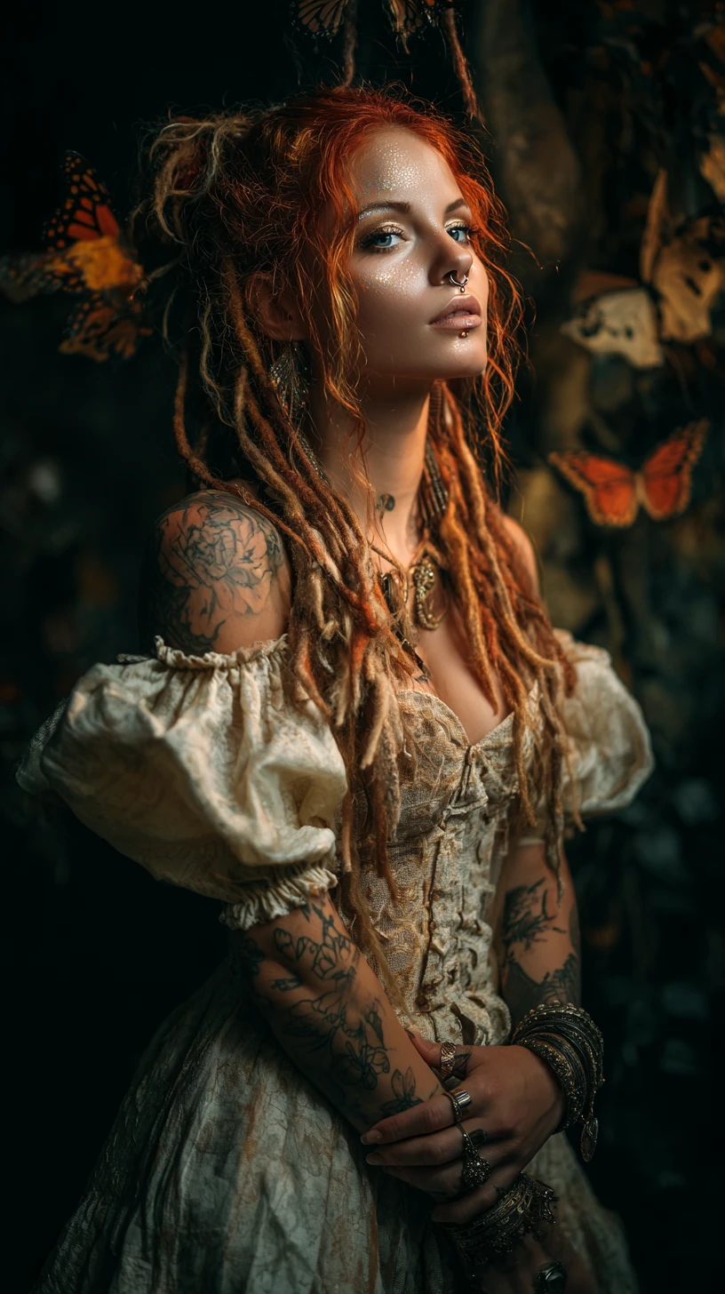 Mystical red haired woman in a dark vintage garden