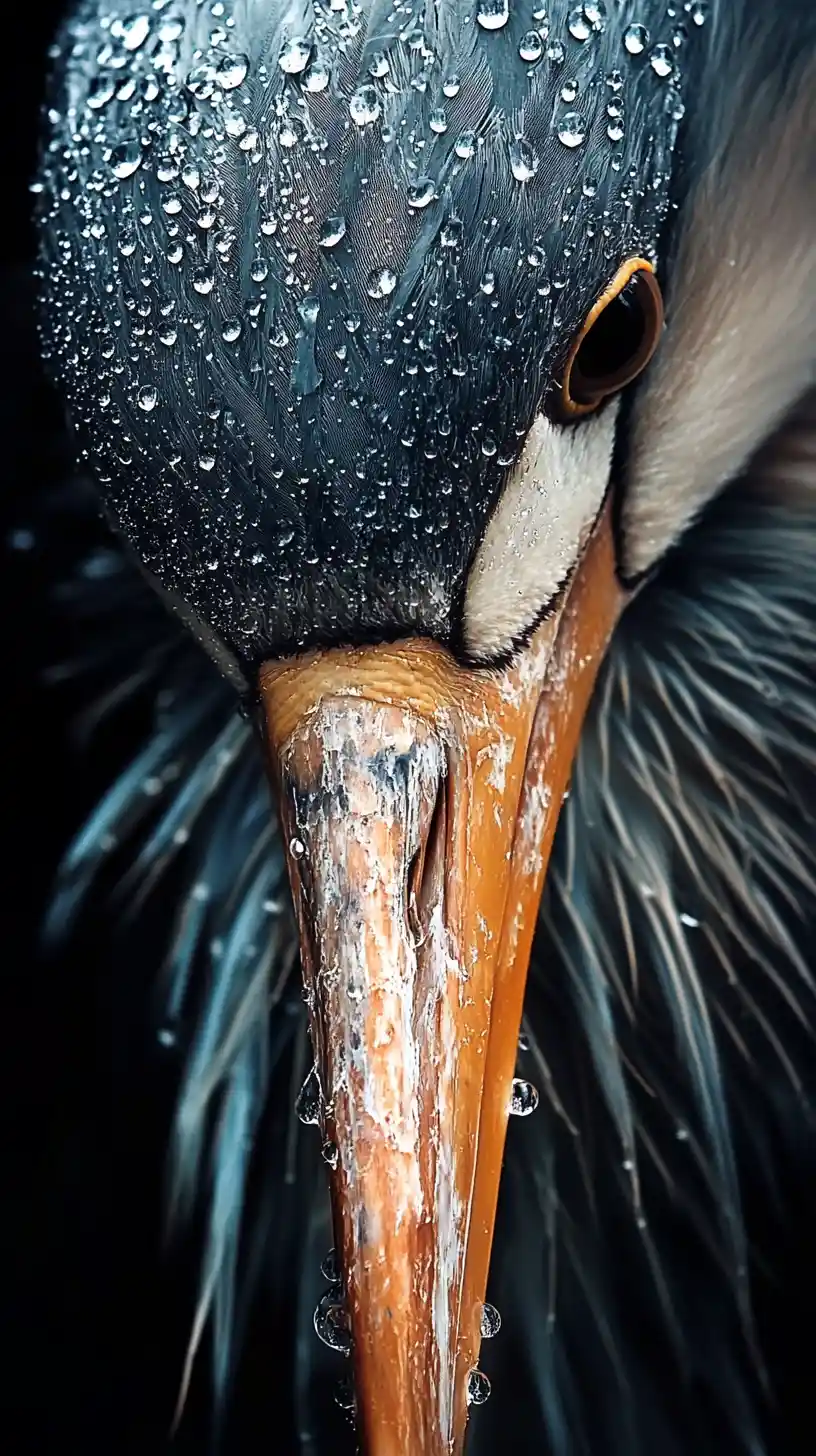 Retrato em close de pássaro com gotas de chuva nas penas
