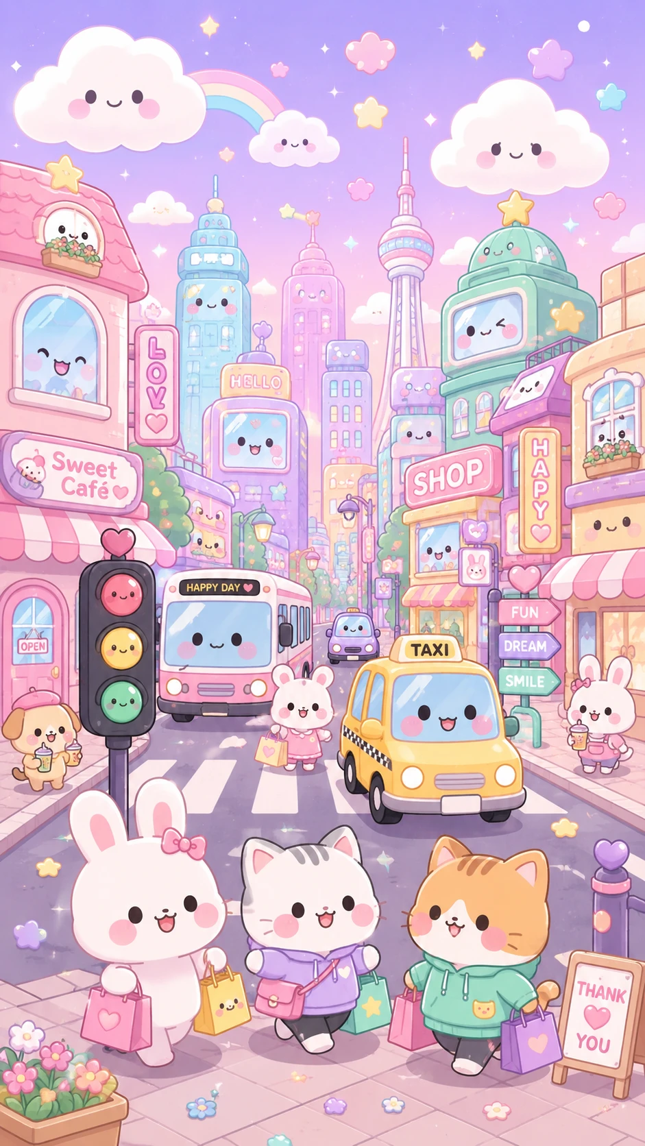 かわいいキャラクターと車がいるファンタジーな街並み