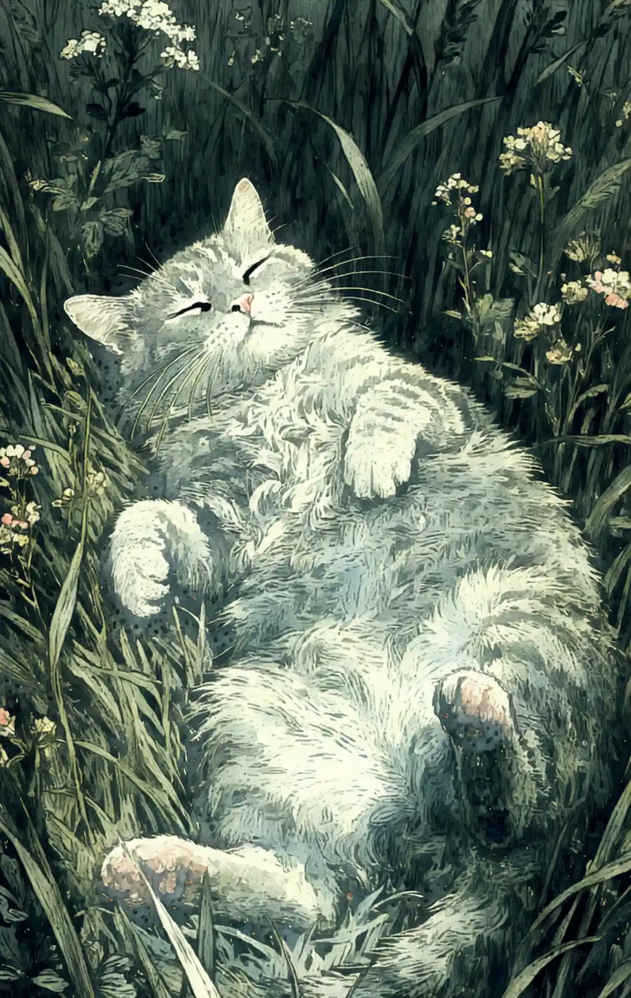 Gatto che riposa a pancia in su in un prato di fiori selvatici