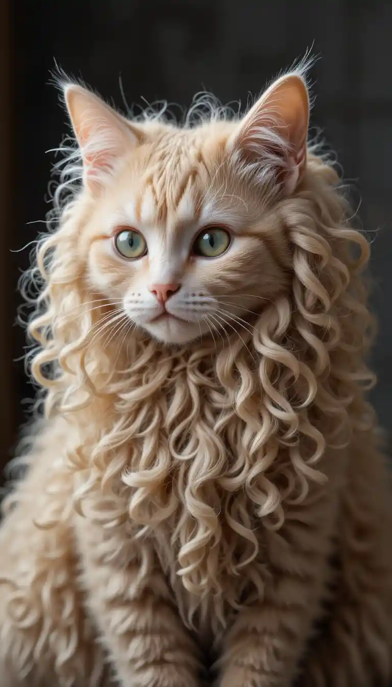Light colored curly haired cat with noodle like fur