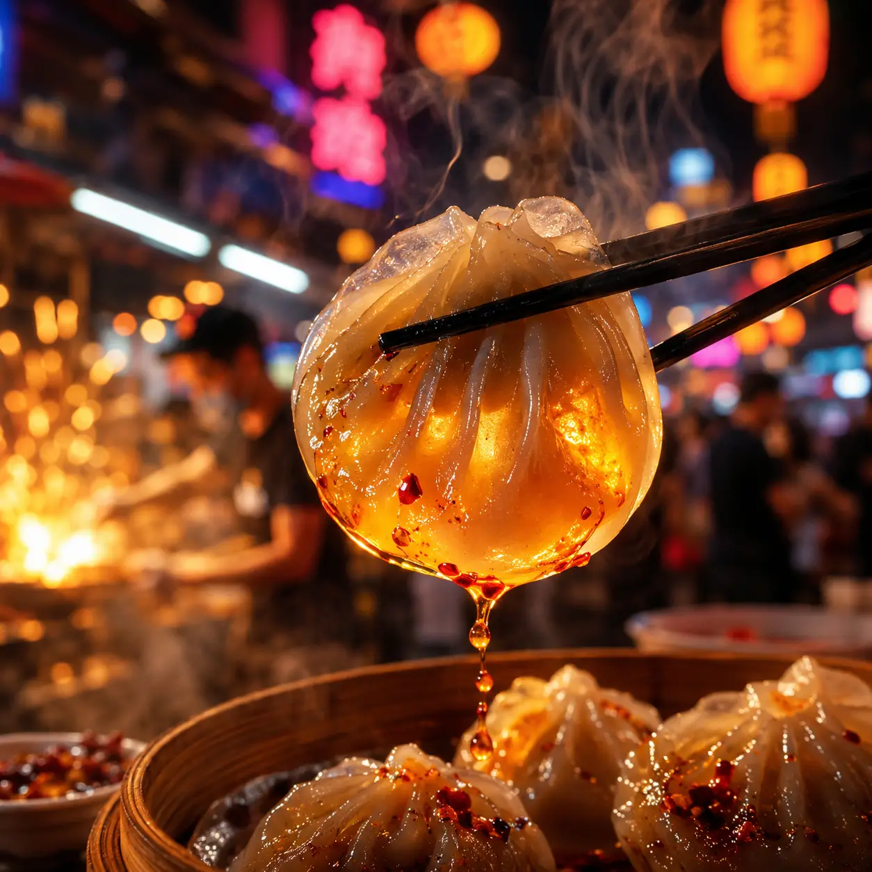 Glowing dumpling lifted by chopsticks at night market