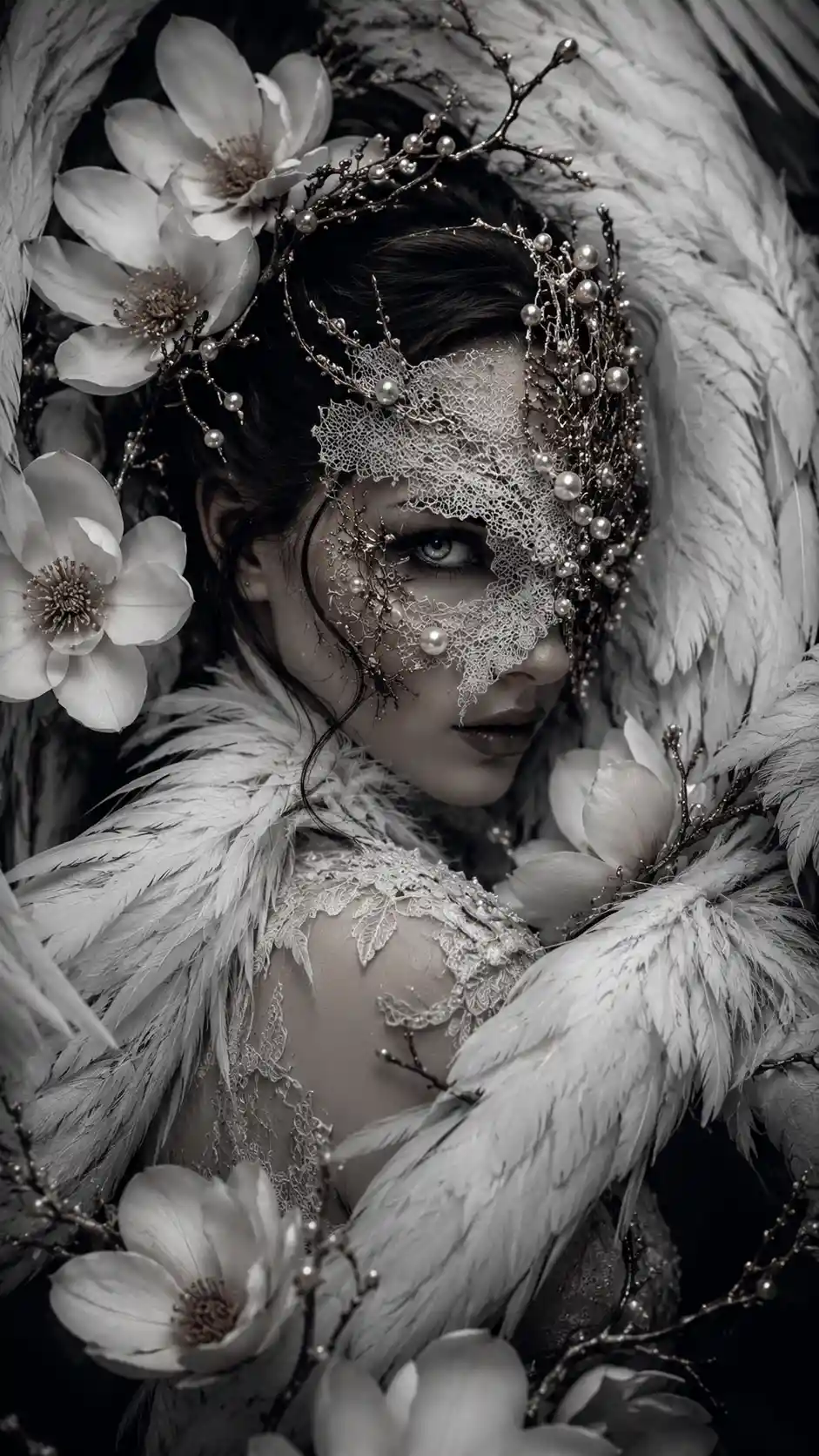 Masked woman with white feathers and magnolia blossoms