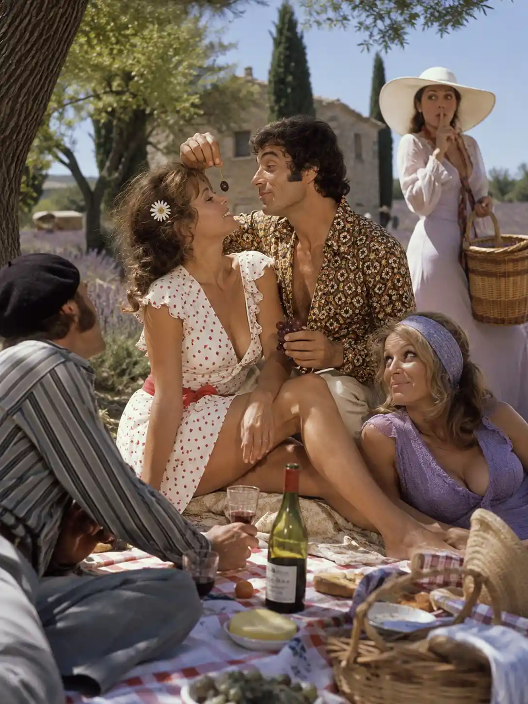 Playful couple at a romantic picnic in the French countryside