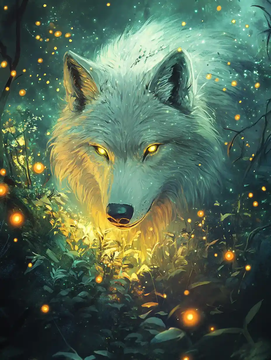 Majestic White Wolf In Glowing Bioluminescent Fantasy Valley