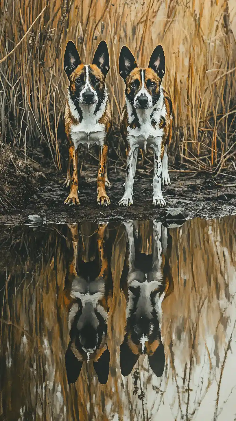 Painted wild dogs standing in calm shallow reflective water
