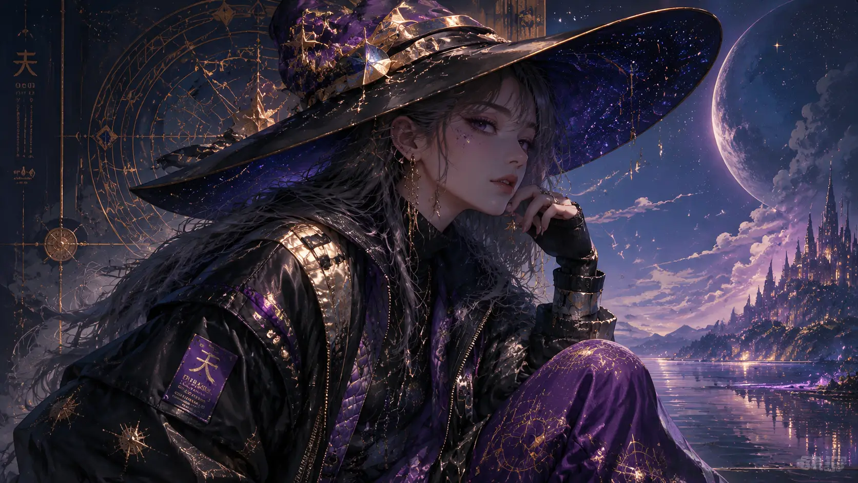 Mystical witch in celestial hat and luxurious streetwear
