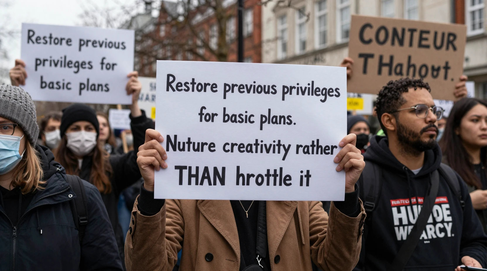 Protesters Holding Placards Demanding Restoration Of Basic Plan Privileges
