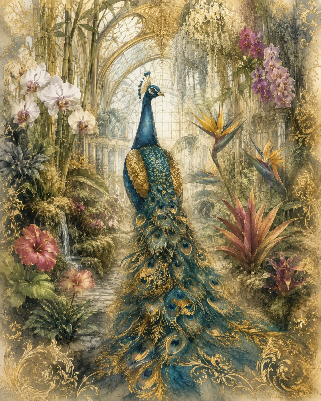 Fantasy peacock in a lush victorian greenhouse interior