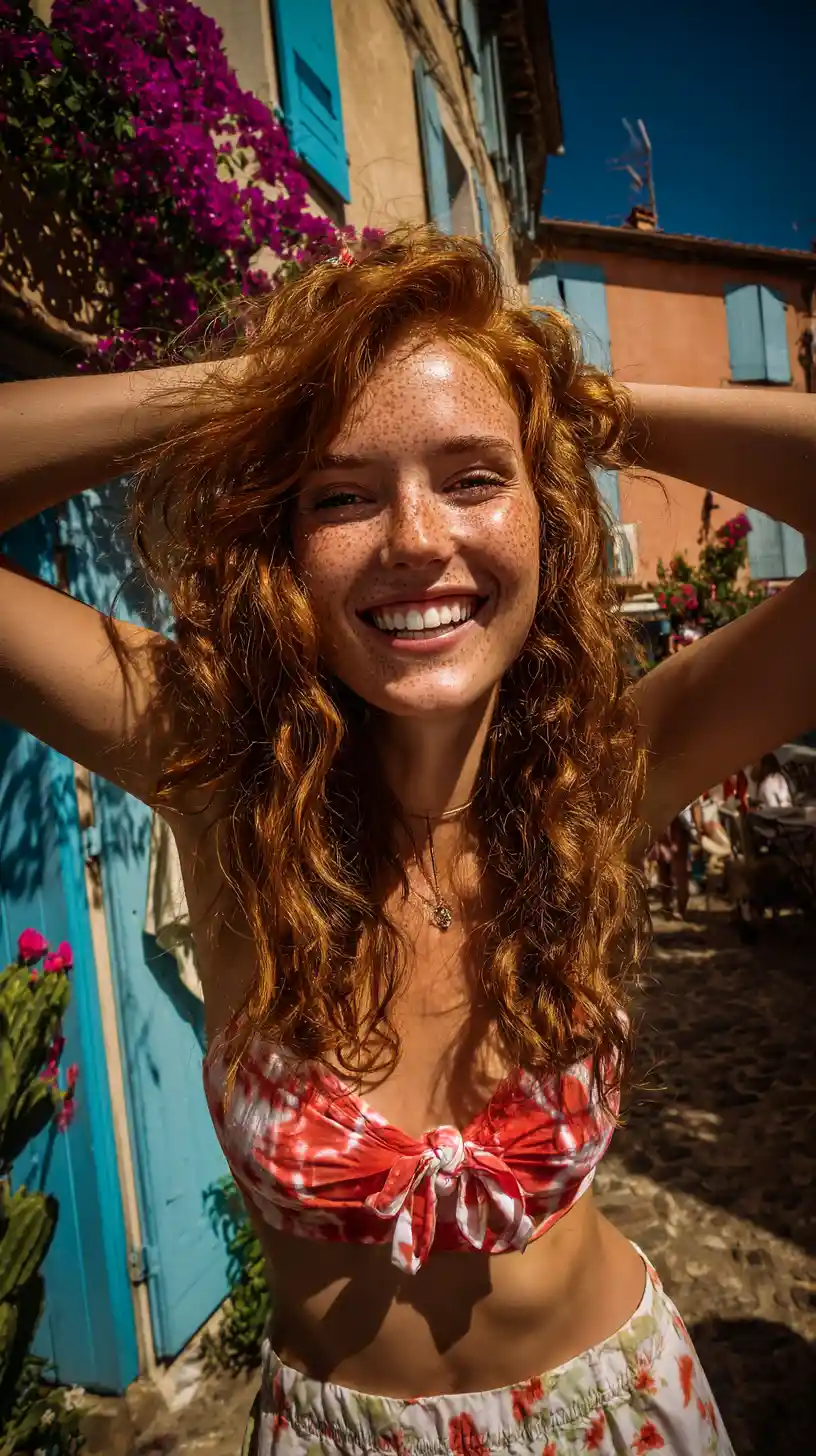 Laughing red haired woman at a sunny fishing harbor