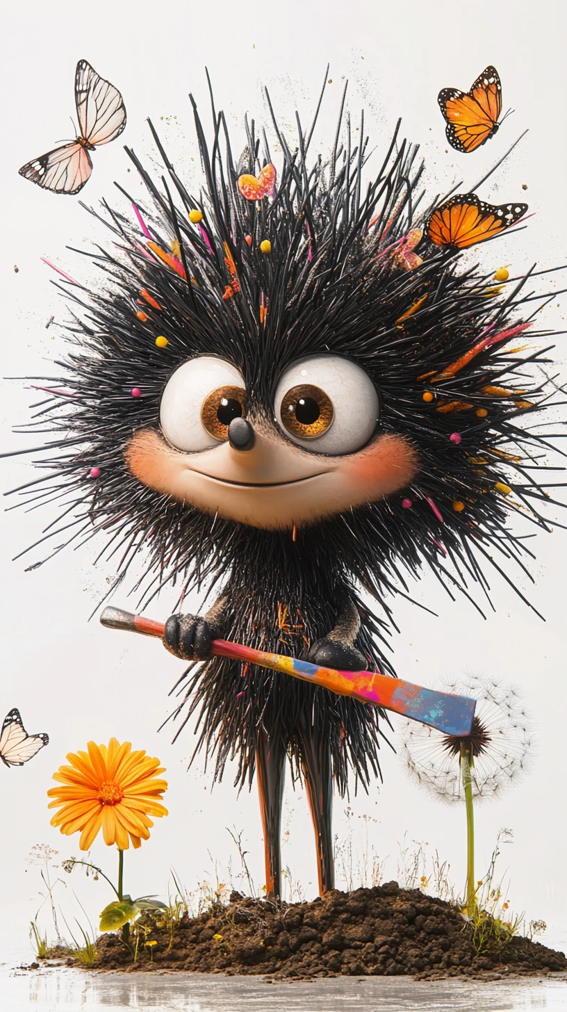 Playful Cartoon Hedgehog With Shovel On Simple White Background