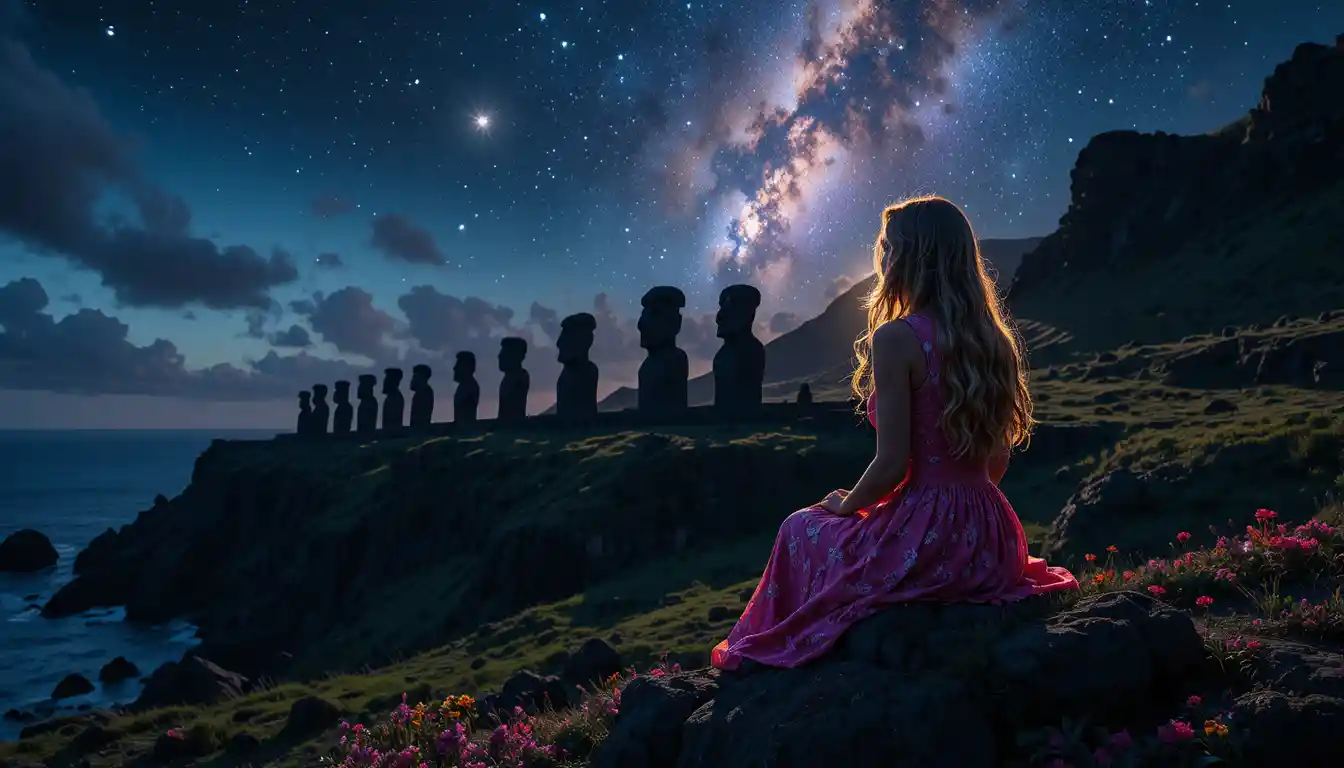 Ragazza in abito rosa che osserva i moai al tramonto