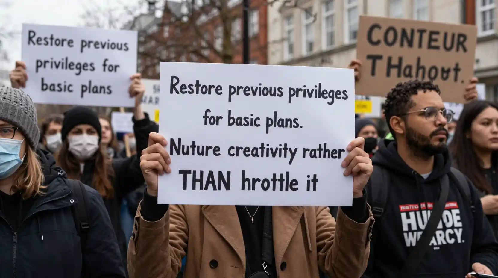 Protesters Holding Placards Demanding Restoration Of Basic Plan Privileges