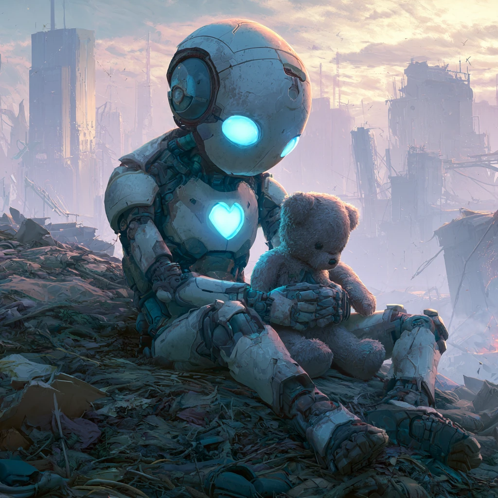 Robot holding teddy bear amid ruins in glowing wonder