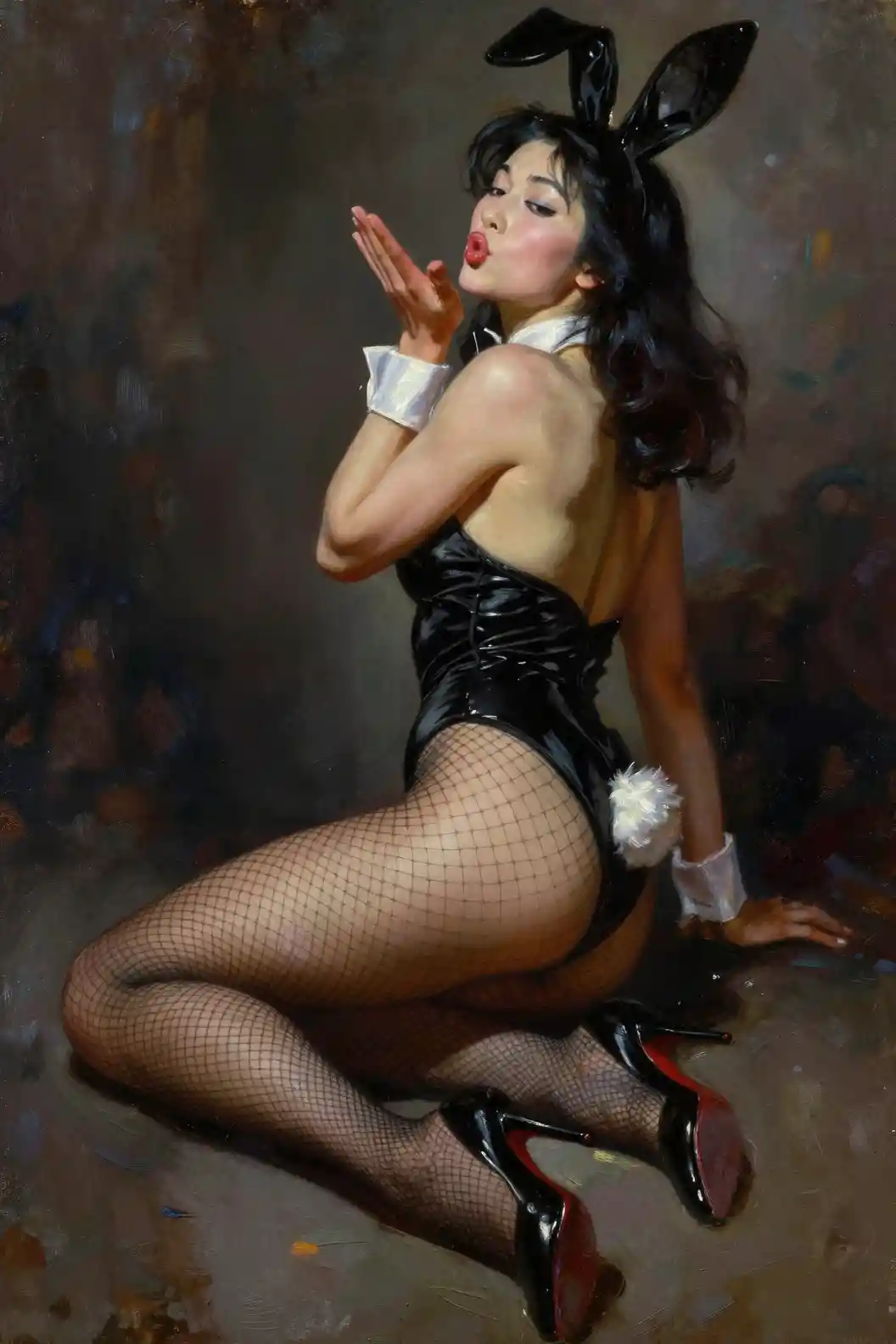 Sensuous woman in black bunny outfit reclining in shadow