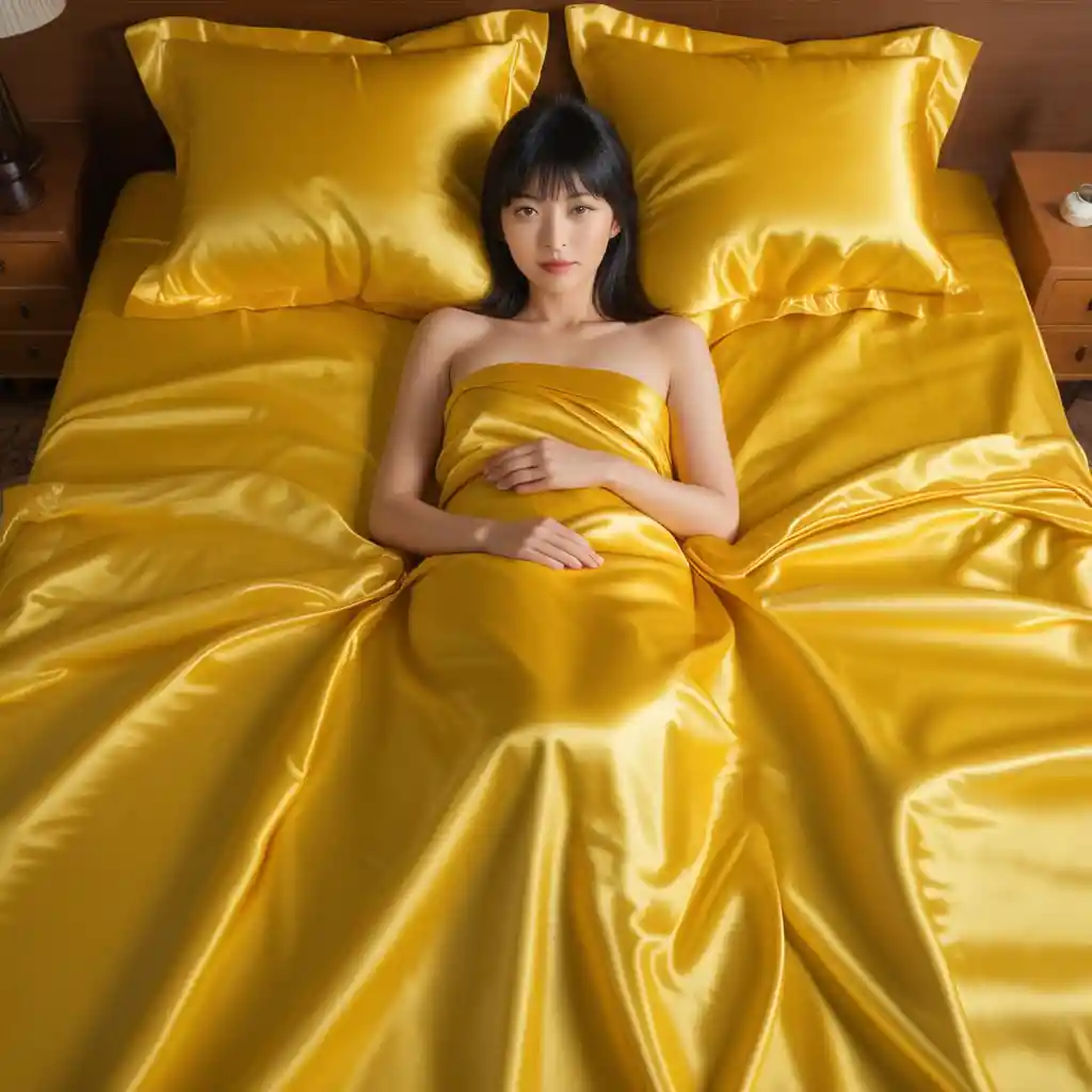 Japanese woman lying on yellow satin bed sheets