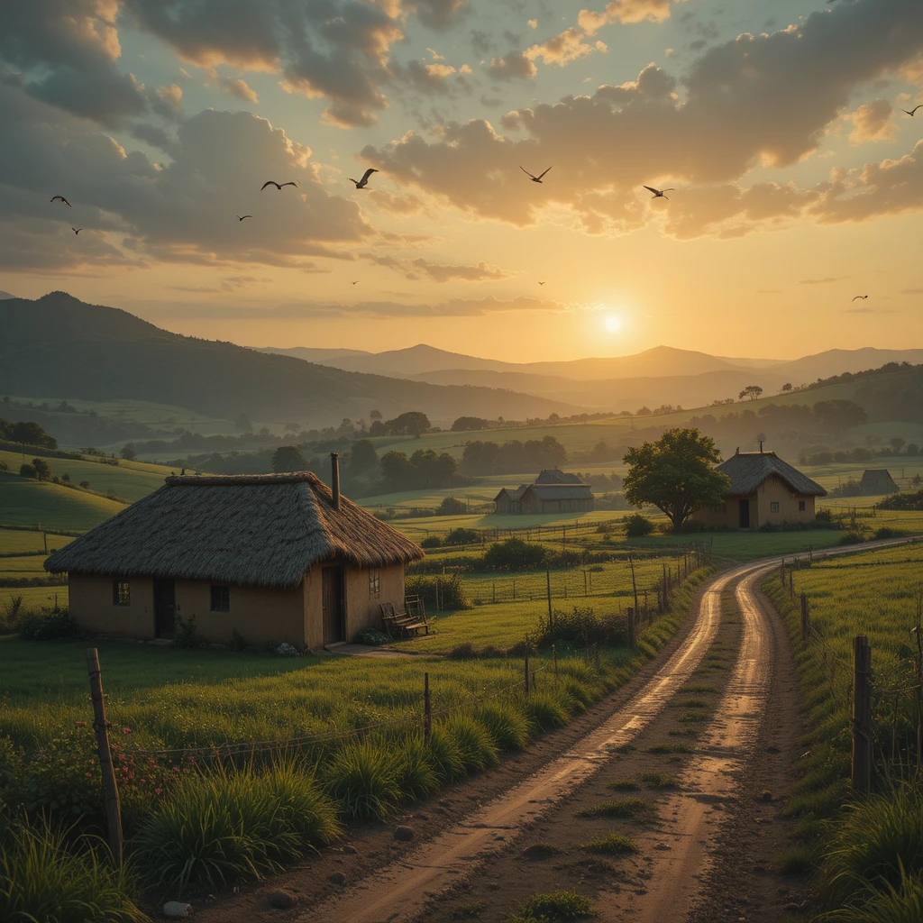 Peaceful rural village at sunrise with fields and birds