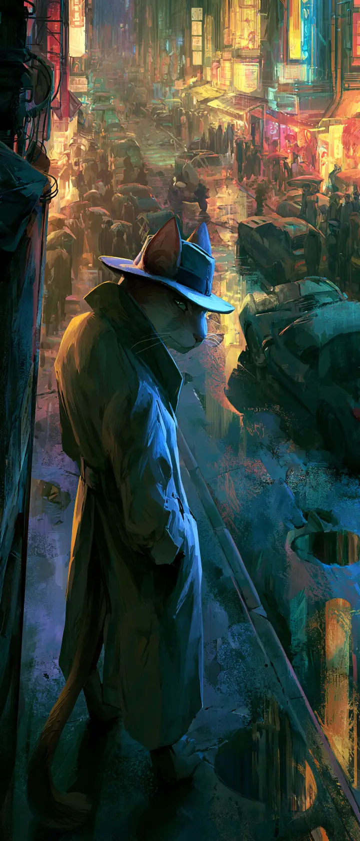 Anthropomorphic cat detective on a rainy neon city street