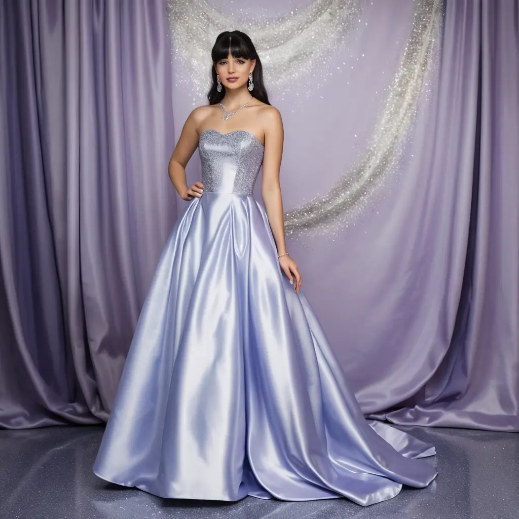 Young woman in lavender satin prom gown indoors