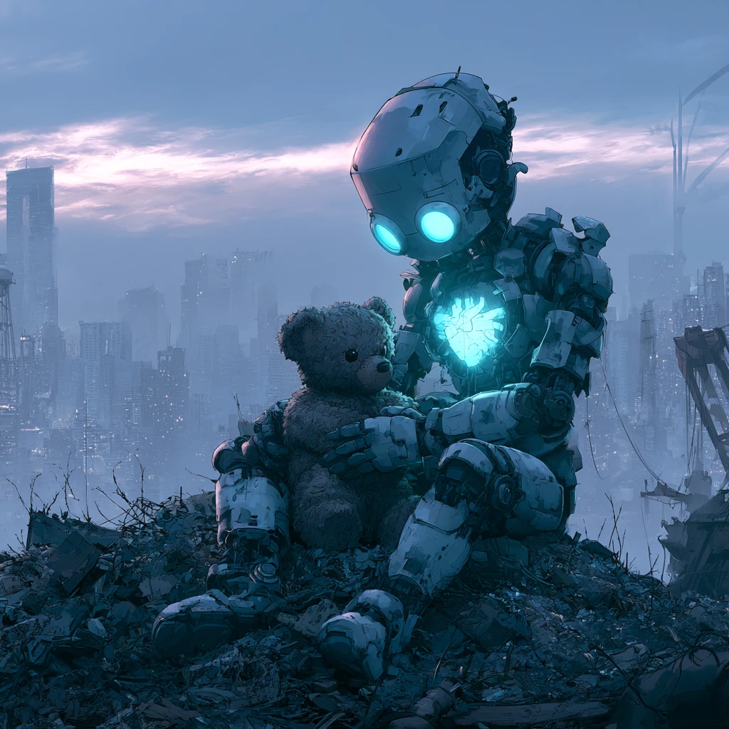 Robot che tiene un orsacchiotto in una città futuristica in rovina