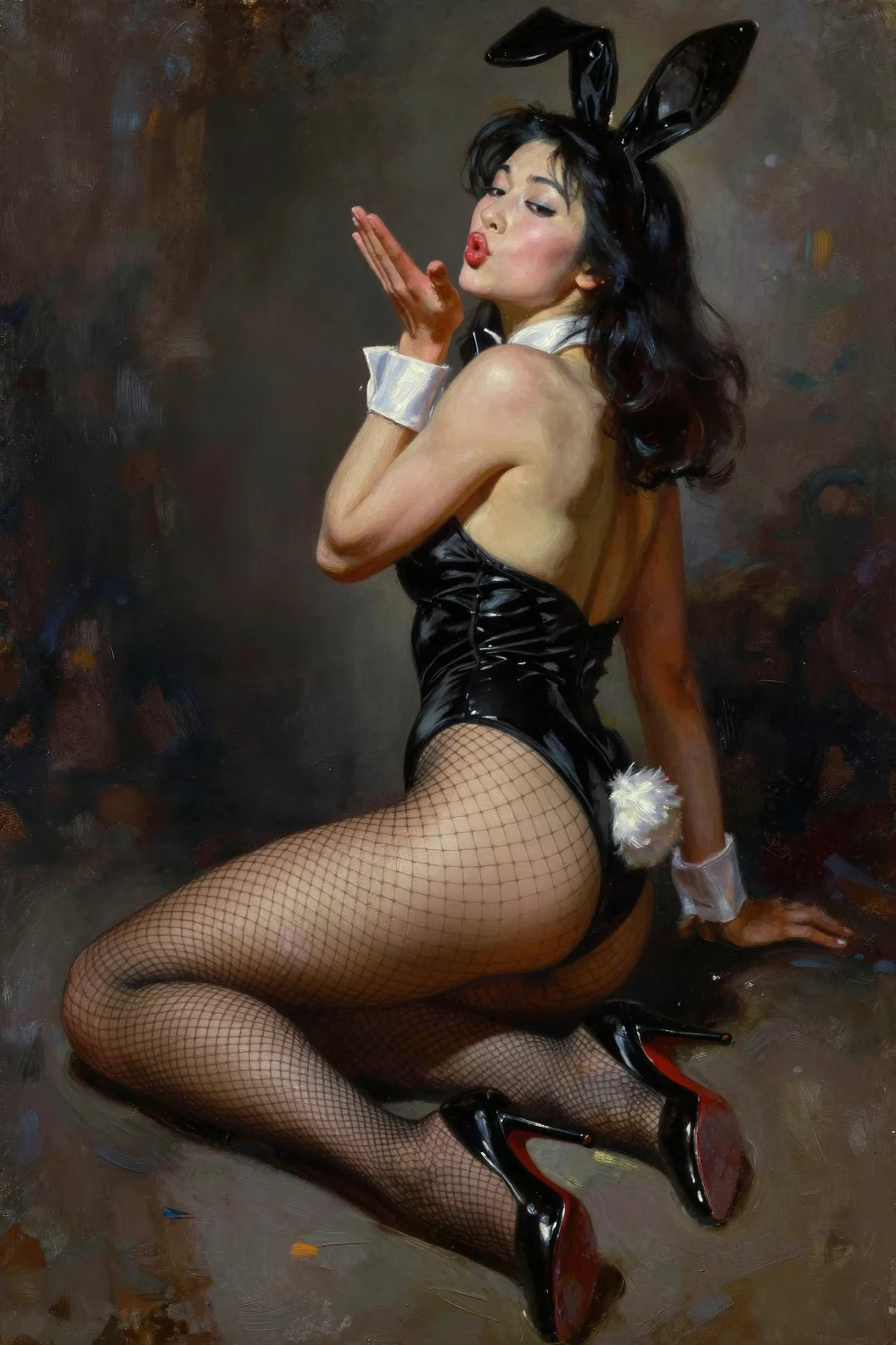 Donna sensuale in abito da coniglietta nera, adagiata nell’ombra