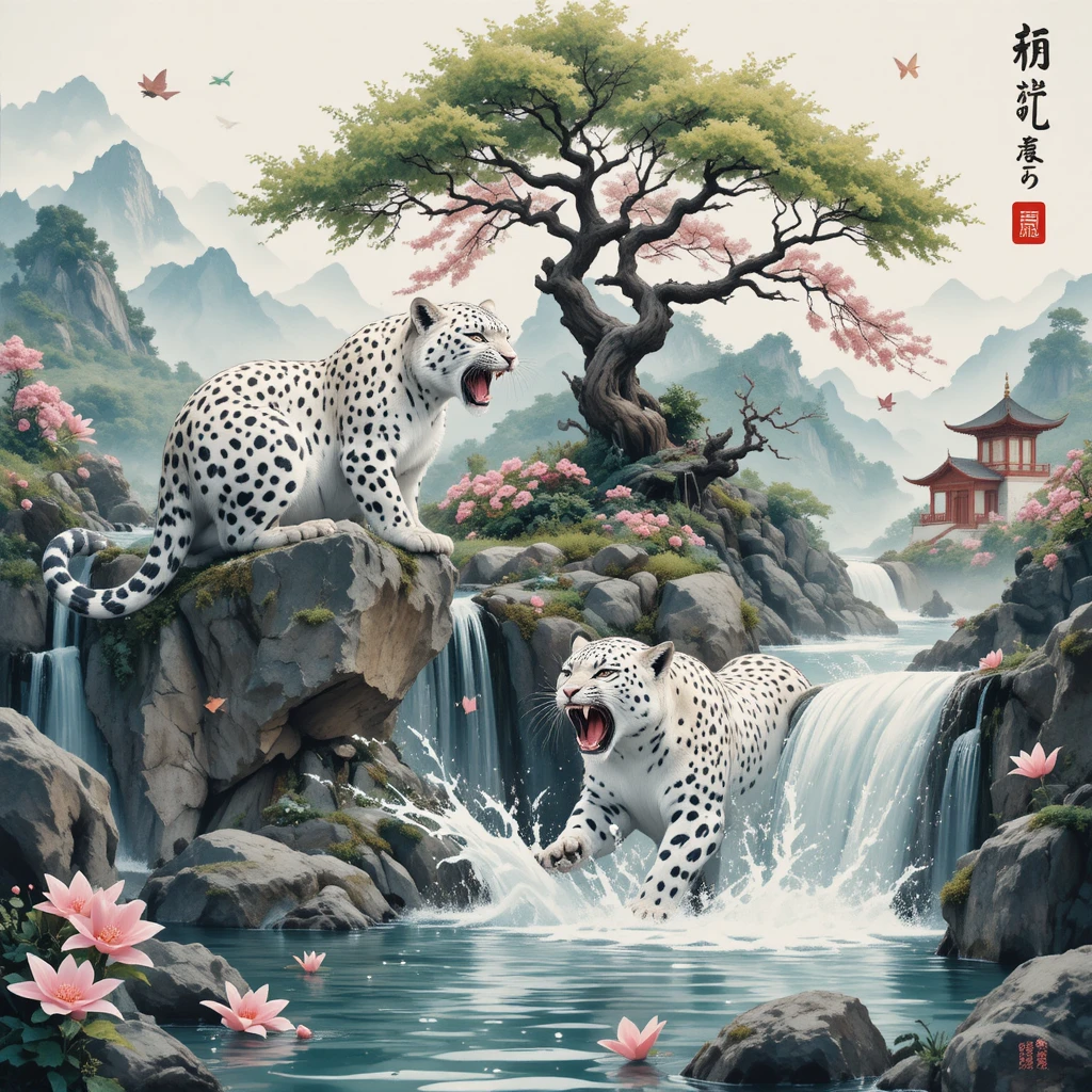Two playful snow leopards by a misty waterfall