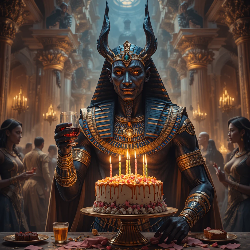 Anubis holding birthday cake and wine in grand palace