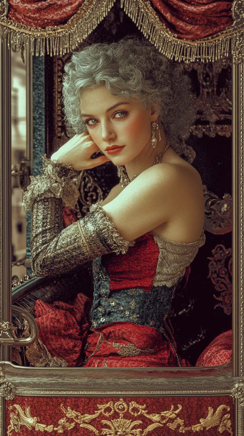 Mujer elegante con corsé rojo mirando desde la ventana de una carroza ornamentada