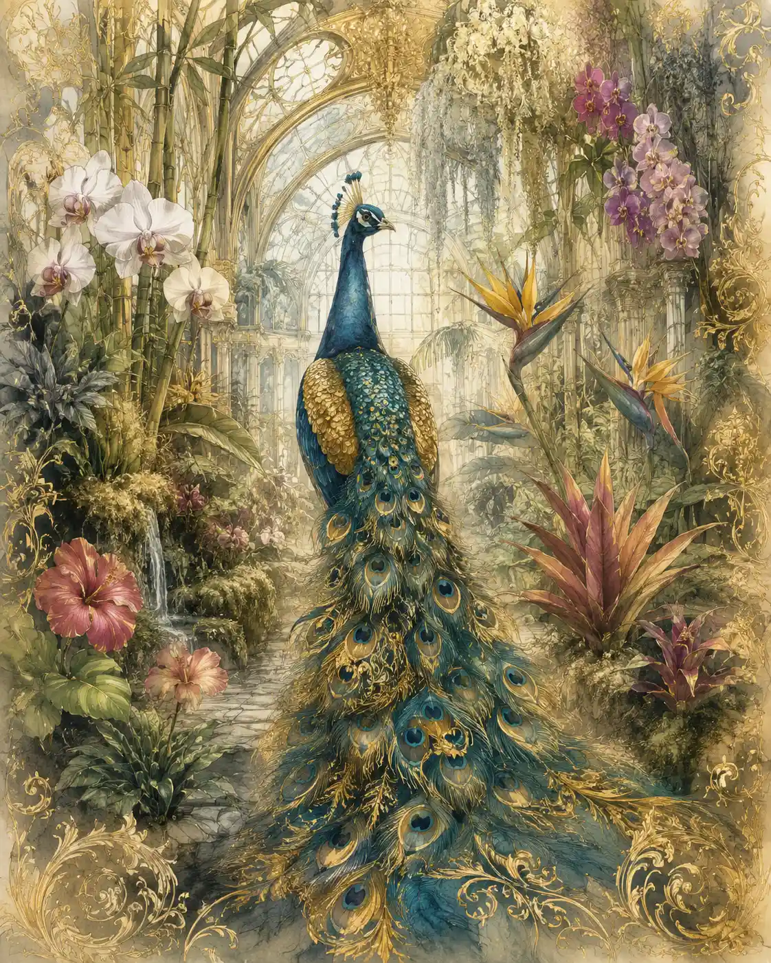 Fantasy peacock in a lush victorian greenhouse interior