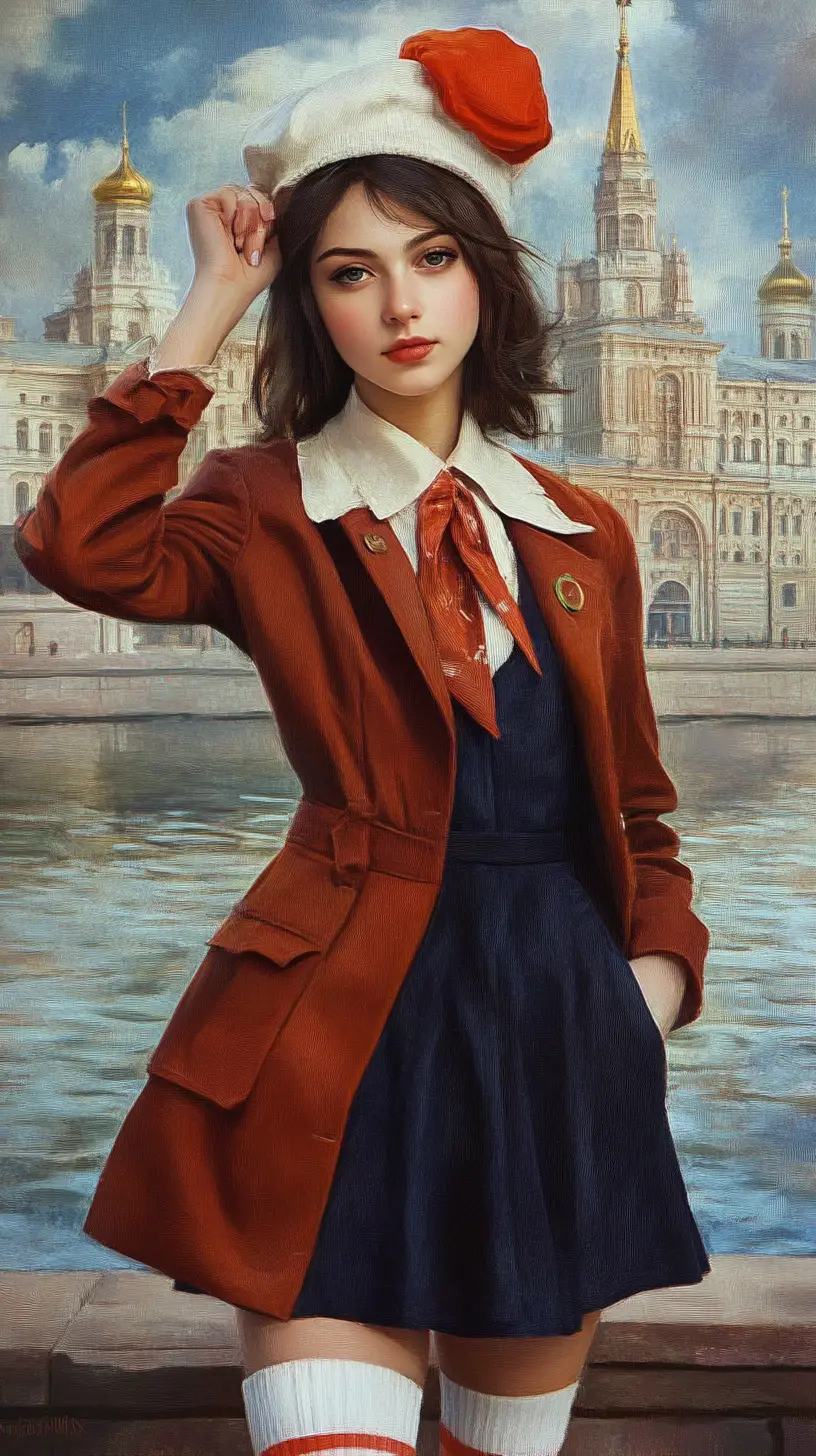 Young woman in red coat by a Soviet era waterfront