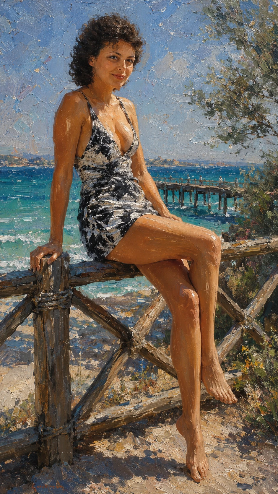 Elegant woman on a wooden fence by turquoise sea