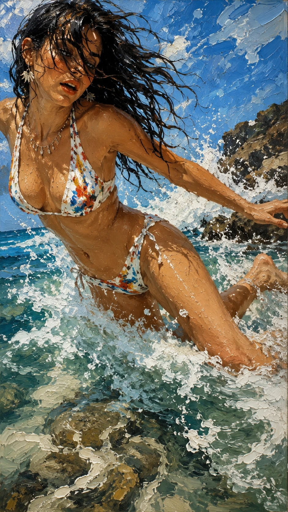 Joven mujer latina tambaleándose entre brillantes olas del mar