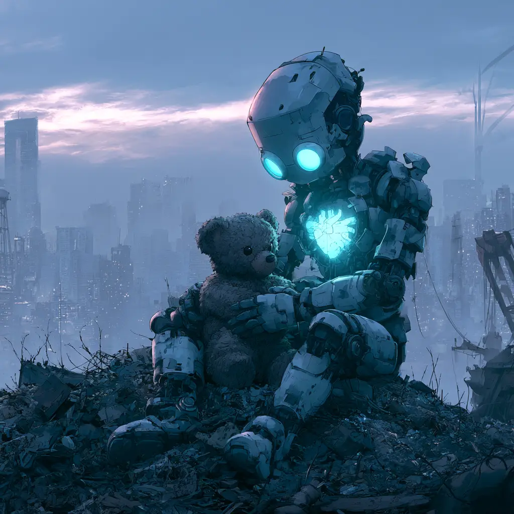 Robot Holding Teddy Bear In Ruined Futuristic City