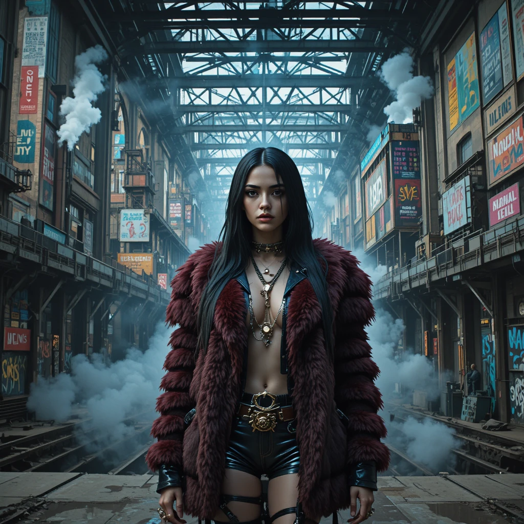 Cyberpunk fashion woman on dystopian railway mural