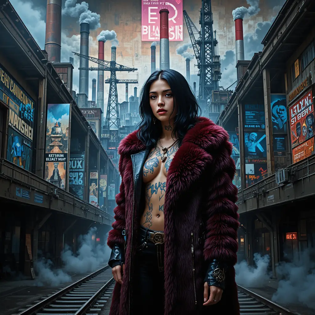 Cyberpunk fashion mural on abandoned victorian railway walls