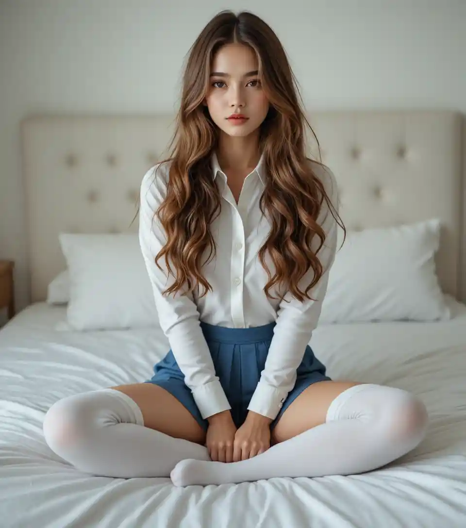 Young woman sitting on white bed in soft natural light