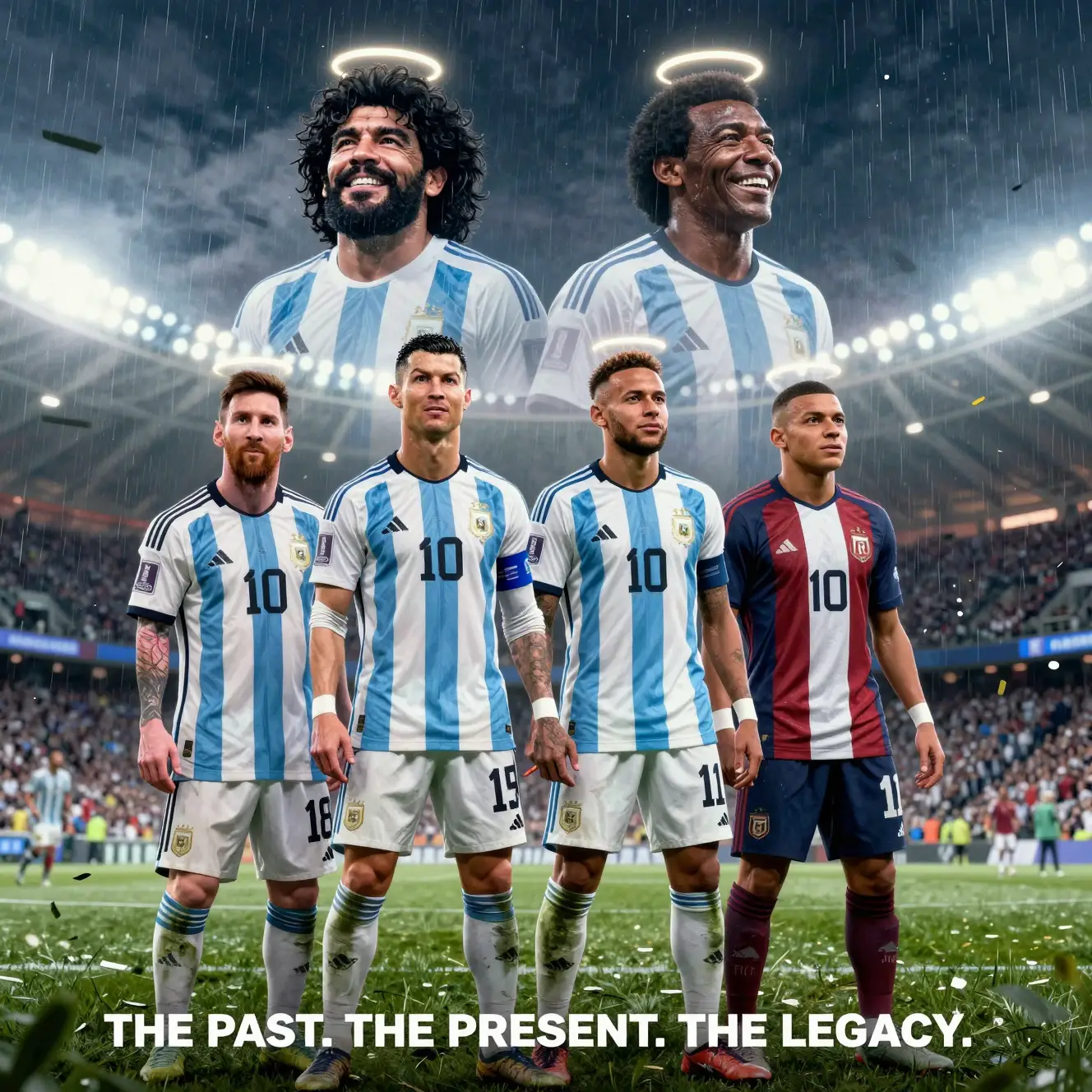 Cinematic portrait of four football legends under stadium lights