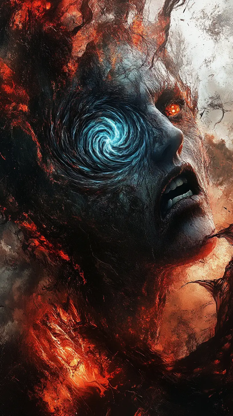 Screaming human face morphing into cracked lava skin