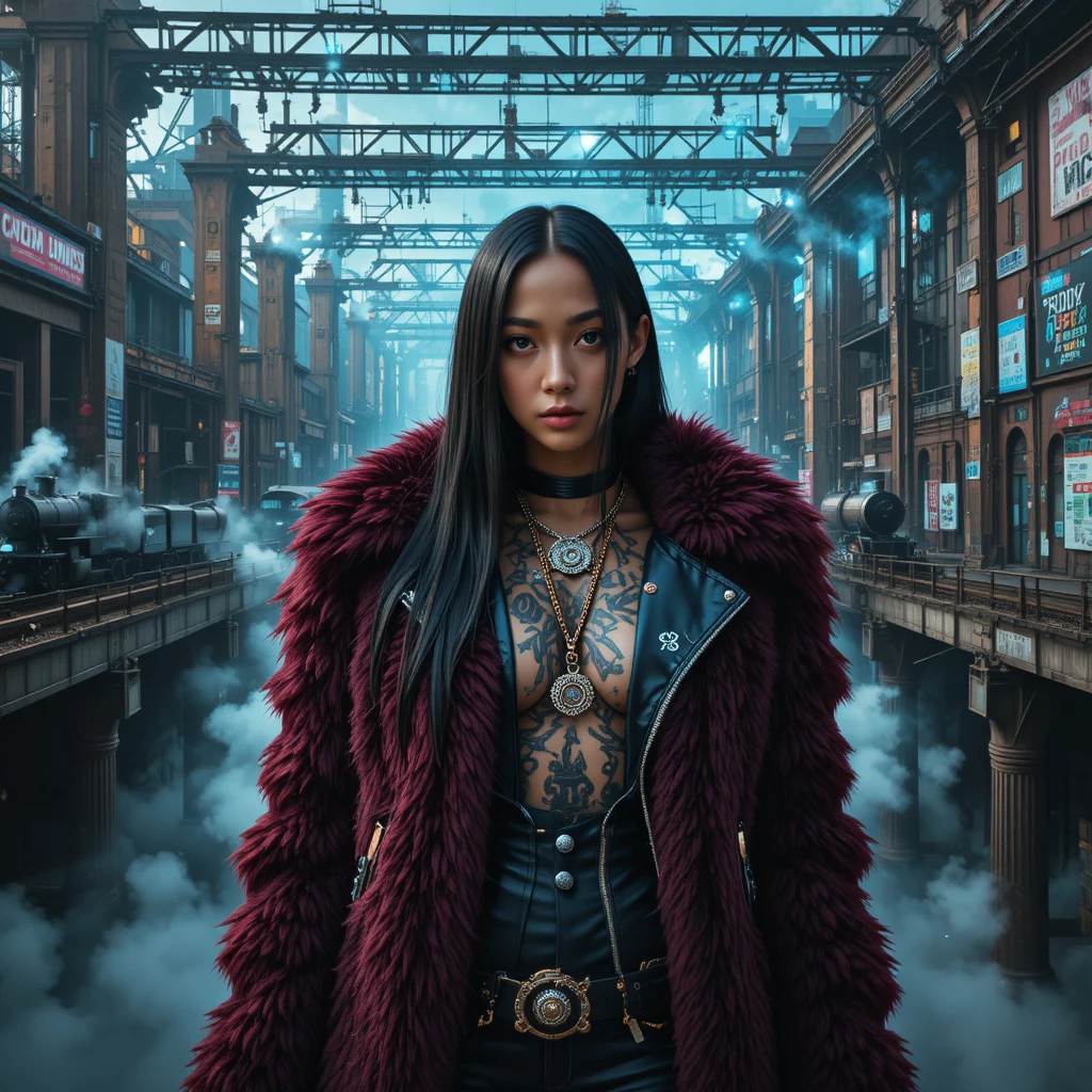 Cyberpunk fashion woman in a dystopian railway mural