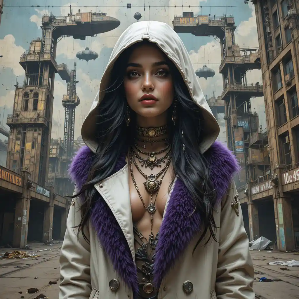 Cyberpunk woman before a vast steampunk terminal mural