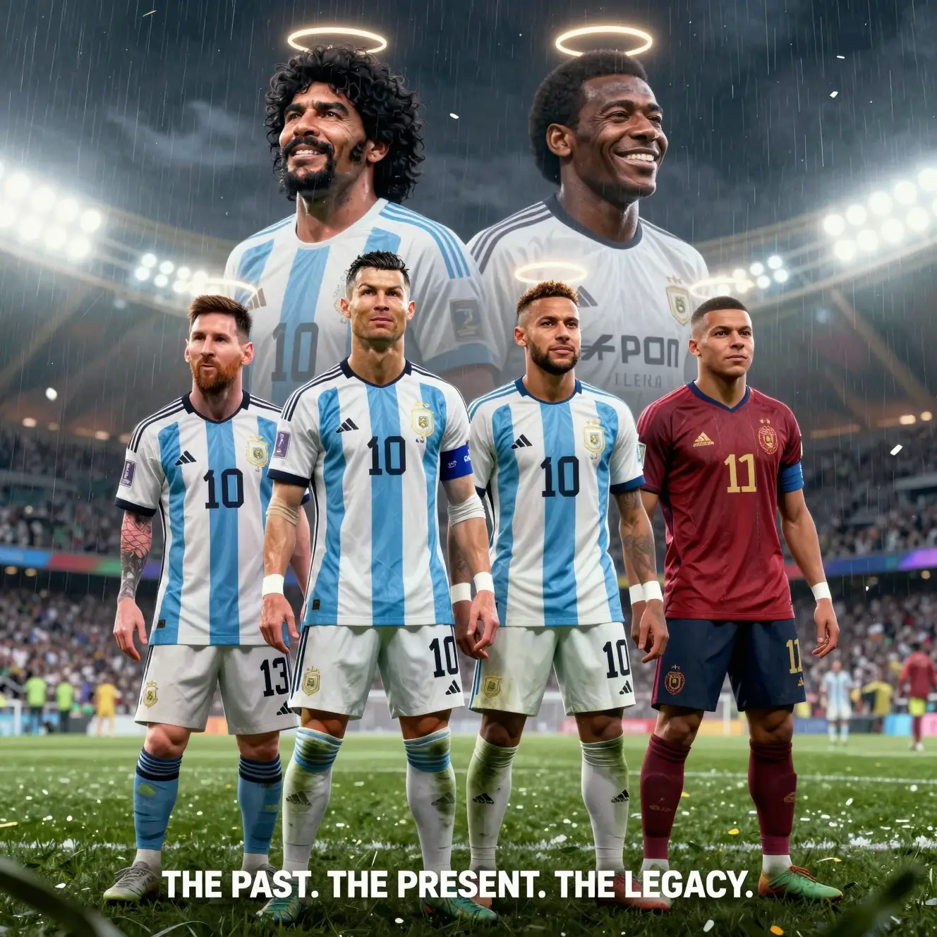 Legendary footballers under dramatic night stadium lights