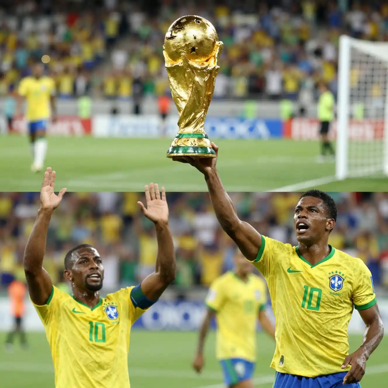 Soccer legend lifting the world cup trophy in celebration